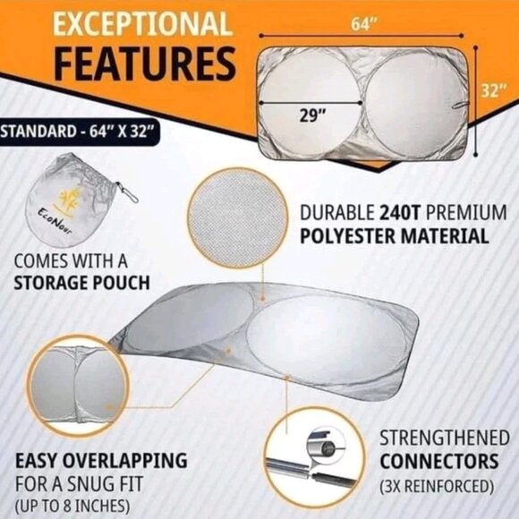 Car Windshield Sun Shade 64" x 32" With Storage Pouch - Picture 7 of 8